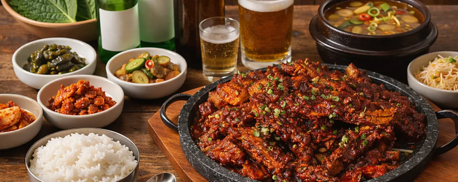고봉당 돌판 등갈비와 맥주 상차림